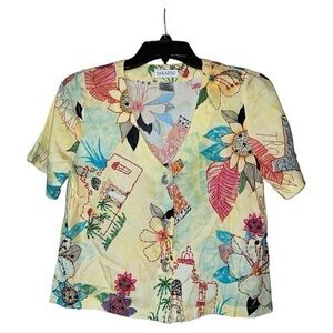 Paradiso‎ Hawaiian Blouse Beaded Embroidered Yellow Rayon Womens Small Aloha